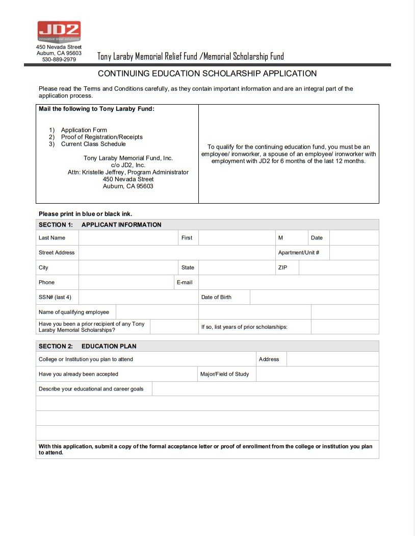 Tony Laraby Memorial College Scholarship Program - Continued Education Application