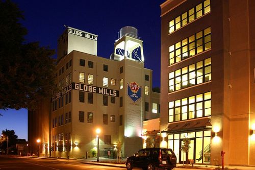 The Globe Mills building at night from the street. Sacramento, CA