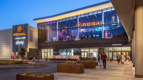The front entrance of a Regal Cinema in a newly renovated shopping mall in San Francisco, CA.