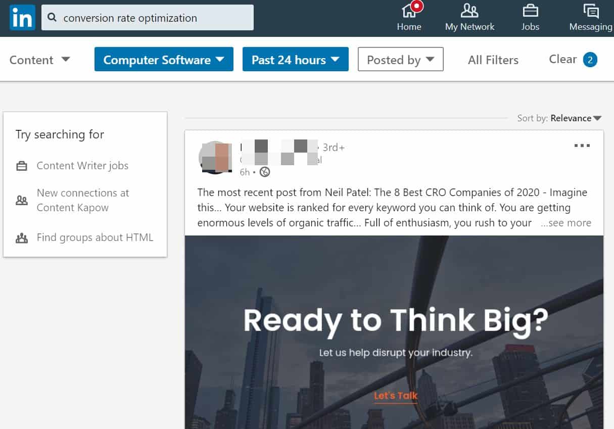 Professional networking - LinkedIn post trying search for "conversation rate optimization"